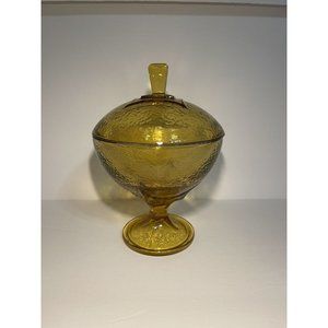 Vintage Jeanette Textured Glass Amber Yellow Pedestal Compote Candy Dish w Lid
